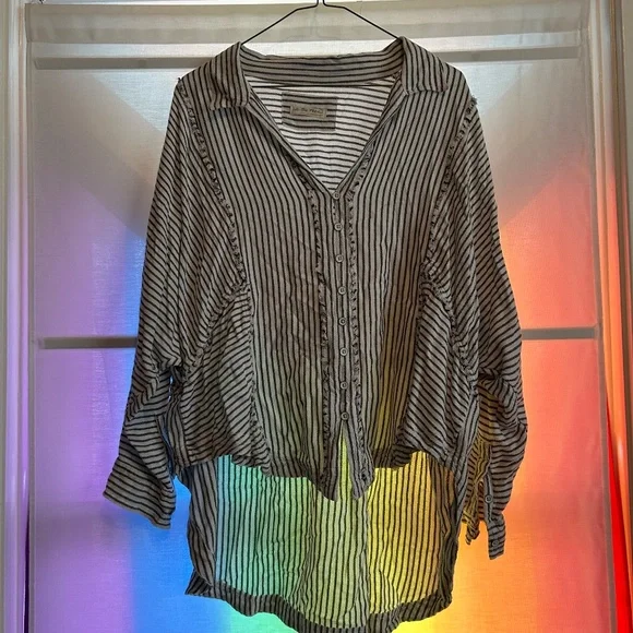 Free People We The Free One & Only Striped Blouse Top Small Linen Black White - Picture 5 of 6